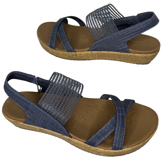 Skechers Shoes - Skechers Brie Dawdle Sandals Womens 10 Navy Textile Wedge Stretch Strappy Luxe